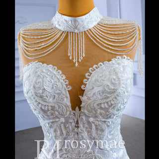 Vintage High Neck Mermaid Wedding Dress Trumpet Wedding Gown - Rosymae