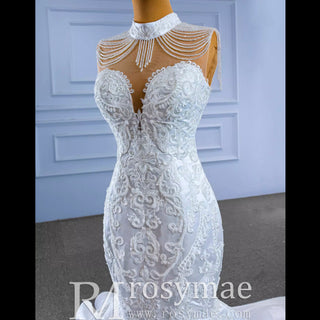 Vintage High Neck Mermaid Wedding Dress Trumpet Wedding Gown - Rosymae