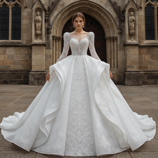 Vintage Long Sleeve Ball Gown Wedding Dress Princess Bridal Gown