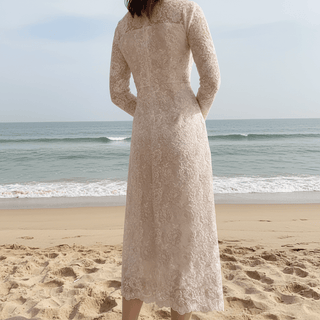 Vintage Lace Midi Wedding Dress with Floral Embroidery Off White / 4