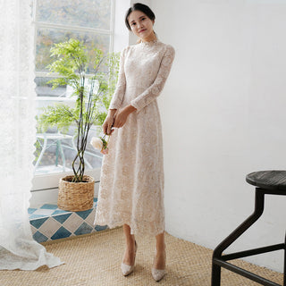 Vintage-inspired Collar Neck Floral Lace Midi Wedding Dress with Long Sleeve - Rosymae