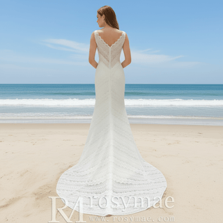 Vintage-inspired Scalloped V-neck Lace Trumpet Bridal Wedding Dress - Rosymae