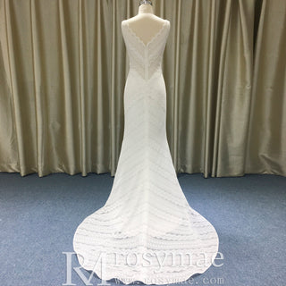 Vintage-inspired Scalloped V-neck Lace Trumpet Bridal Wedding Dress - Rosymae