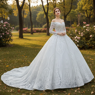 Ball Gown Lace Wedding Dresses with Off the Shoulder Long Sleeves