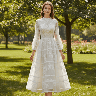 calf length lace wedding dresses Vintage Tea Length A-Line Wedding Dress, Ivory Lace Top, 3/4 Sleeve Capped, Jewel Neck, Empire Waist, Tulle Skirt