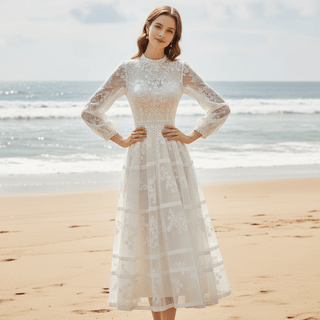 Vintage Lace O-neck Mid Calf Wedding Dress with Long Sleeve - Rosymae