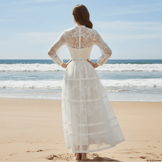 Vintage Lace O-neck Mid Calf Wedding Dress with Long Sleeve - Rosymae