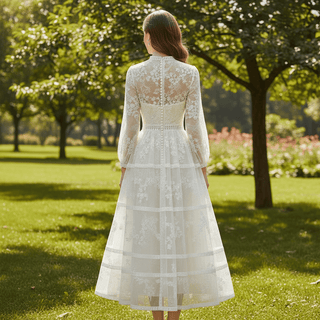 Vintage Lace O-neck Mid Calf Wedding Dress with Long Sleeve - Rosymae