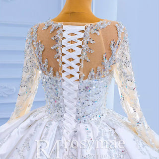 Vintage Layered Royal Satin Wedding Dress with Long Sleeves - Rosymae