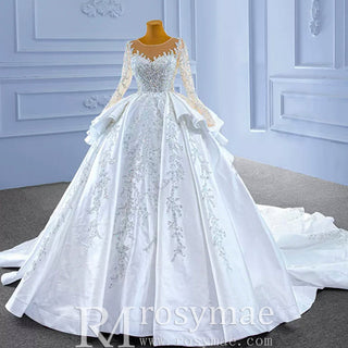 Vintage Layered Royal Satin Wedding Dress with Long Sleeves - Rosymae