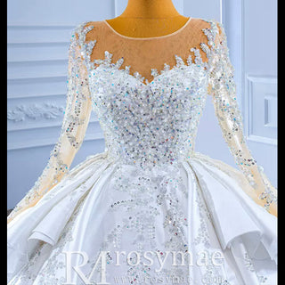 Vintage Layered Royal Satin Wedding Dress with Long Sleeves - Rosymae