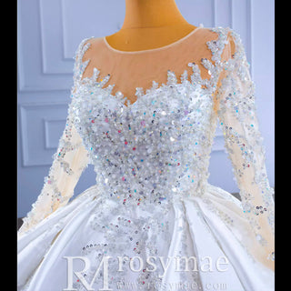 Vintage Layered Royal Satin Wedding Dress with Long Sleeves - Rosymae