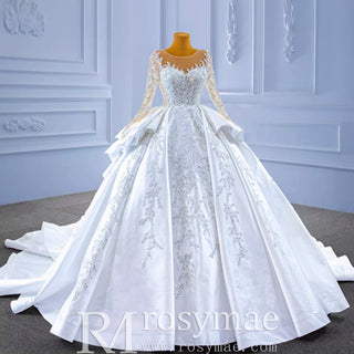 Vintage Layered Royal Satin Wedding Dress with Long Sleeves - Rosymae