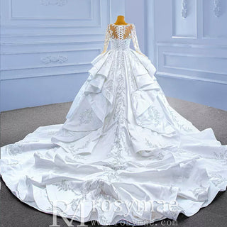 Vintage Layered Royal Satin Wedding Dress with Long Sleeves - Rosymae
