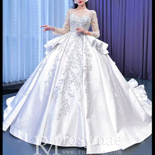 Vintage Layered Royal Satin Wedding Dress with Long Sleeves - Rosymae