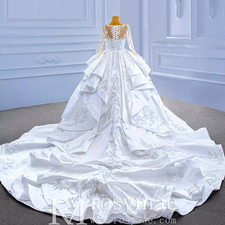 Vintage Layered Royal Satin Wedding Dress with Long Sleeves - Rosymae