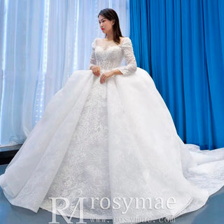 Vintage Long Sleeve Ball Gown Wedding Dress Princess Bridal Gown - Rosymae