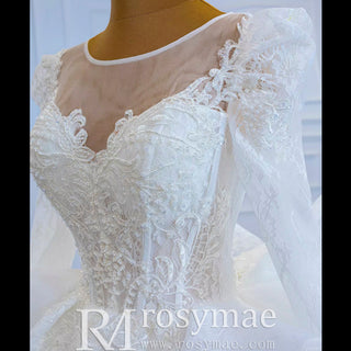 Vintage Long Sleeve Ball Gown Wedding Dress Princess Bridal Gown - Rosymae