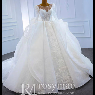 Vintage Long Sleeve Ball Gown Wedding Dress Princess Bridal Gown - Rosymae