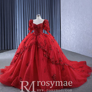 Vintage Luxury Red Wedding Dress Sparkly Lantern Long Sleeve Ball Gown - Rosymae