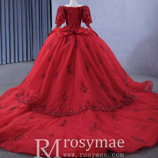 Vintage Luxury Red Wedding Dress Sparkly Lantern Long Sleeve Ball Gown - Rosymae