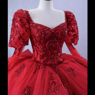 Vintage Luxury Red Wedding Dress Sparkly Lantern Long Sleeve Ball Gown - Rosymae