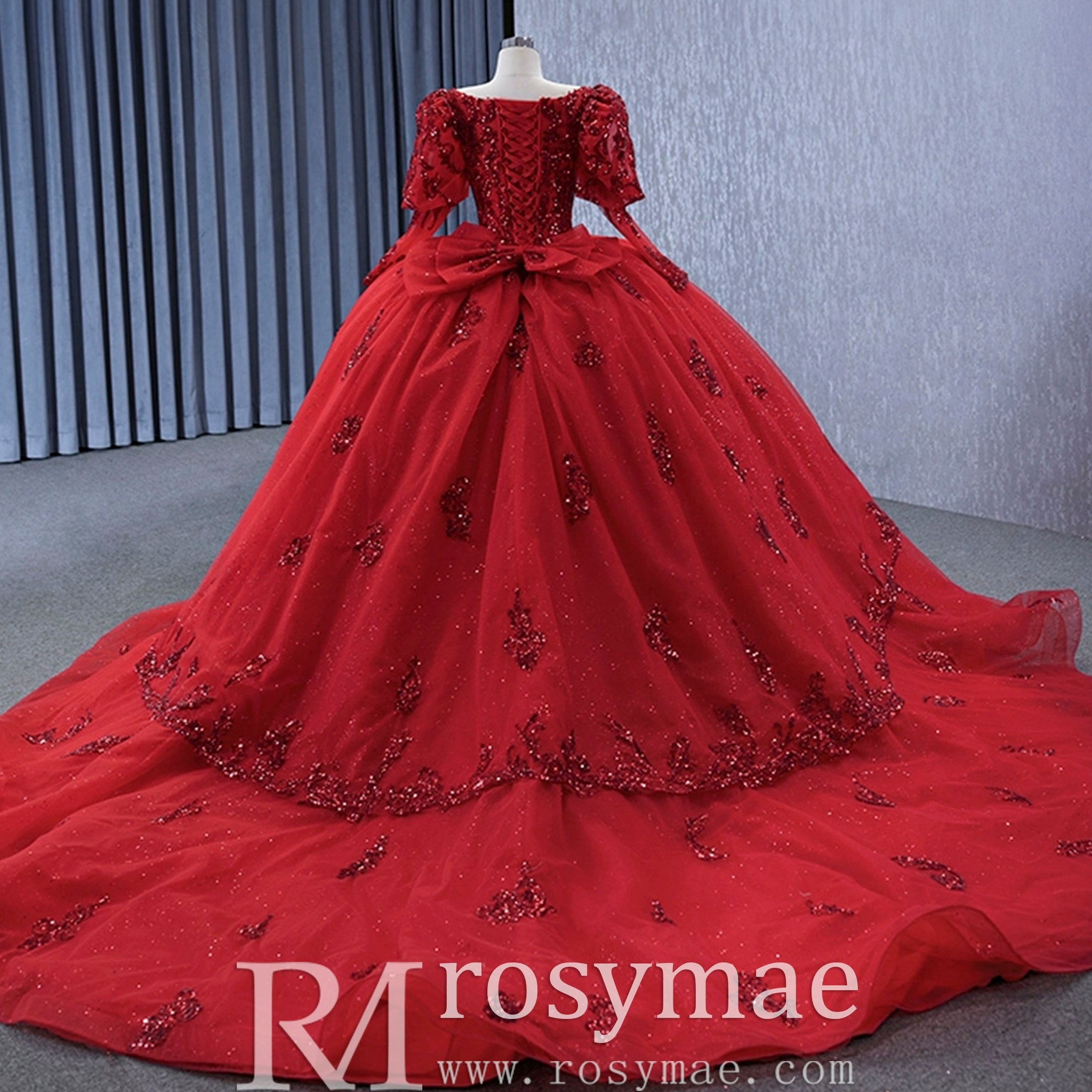 Vintage Luxury Red Wedding Dress Sparkly Lantern Long Sleeve Ball Gown – Rosymae