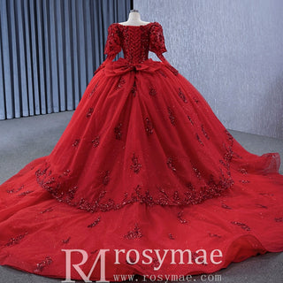 Vintage Luxury Red Wedding Dress Sparkly Lantern Long Sleeve Ball Gown - Rosymae