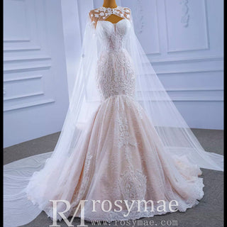 Vintage Mermaid Lace Wedding Dress with High Neck Cape - Rosymae