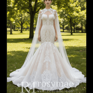 Vintage Mermaid Lace Wedding Dress with High Neck Cape - Rosymae