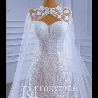 Vintage Mermaid Lace Wedding Dress with High Neck Cape - Rosymae