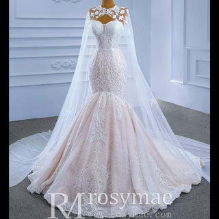 Vintage Mermaid Lace Wedding Dress with High Neck Cape - Rosymae