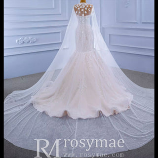 Vintage Mermaid Lace Wedding Dress with High Neck Cape - Rosymae