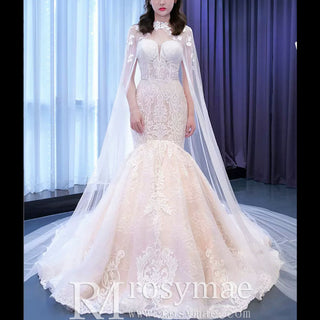 Vintage Mermaid Lace Wedding Dress with High Neck Cape - Rosymae