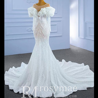 Vintage Mermaid Ruffle Neck Wedding Dress with Long Sleeves - Rosymae