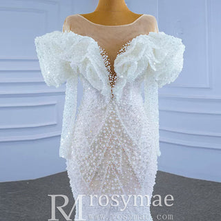 Vintage Mermaid Ruffle Neck Wedding Dress with Long Sleeves - Rosymae