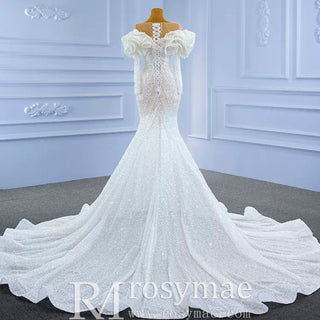 Vintage Mermaid Ruffle Neck Wedding Dress with Long Sleeves - Rosymae