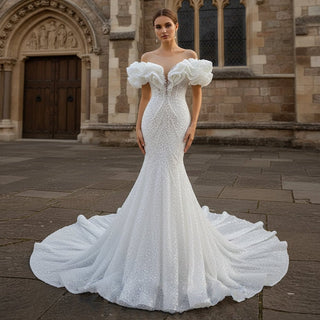 Vintage Mermaid Ruffle Neck Wedding Dress with Long Sleeves - Rosymae