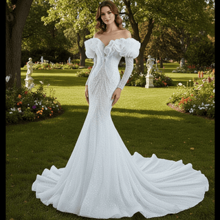 Vintage Mermaid Ruffle Neck Wedding Dress with Long Sleeves - Rosymae