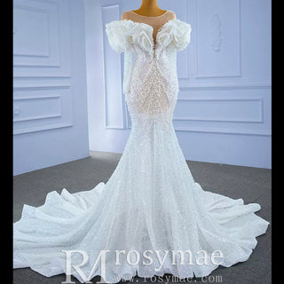 Vintage Mermaid Ruffle Neck Wedding Dress with Long Sleeves - Rosymae
