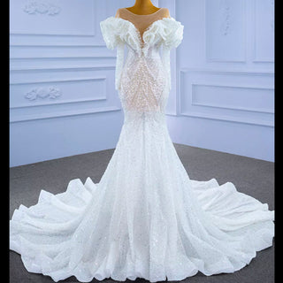 Vintage Mermaid Ruffle Neck Wedding Dress with Long Sleeves - Rosymae