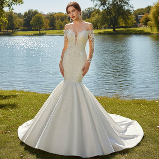 Vintage Off the Shoulder Mermaid Wedding Dresses with Long Sleeves - Rosymae