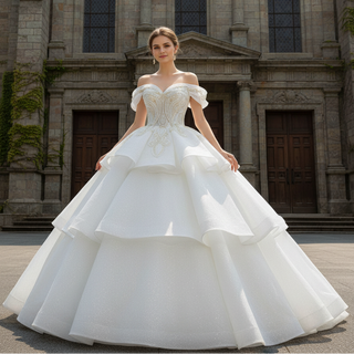Vintage Off the Shoulder Tiered Ball Gown Wedding Dress