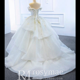 Vintage Off the Shoulder Tiered Ball Gown Wedding Dress - Rosymae