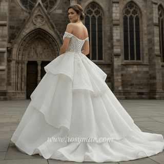 Vintage Off the Shoulder Tiered Ball Gown Wedding Dress - Rosymae