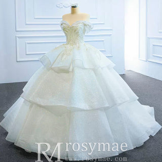 Vintage Off the Shoulder Tiered Ball Gown Wedding Dress - Rosymae