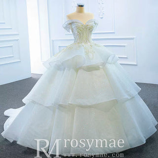 Vintage Off the Shoulder Tiered Ball Gown Wedding Dress - Rosymae