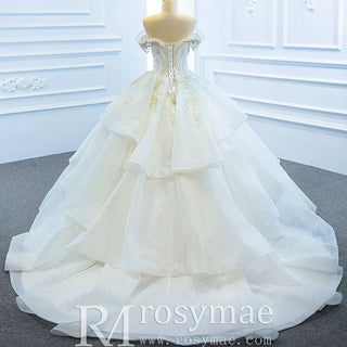 Vintage Off the Shoulder Tiered Ball Gown Wedding Dress - Rosymae