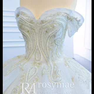 Vintage Off the Shoulder Tiered Ball Gown Wedding Dress - Rosymae