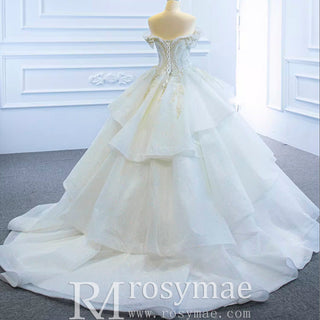 Vintage Off the Shoulder Tiered Ball Gown Wedding Dress - Rosymae